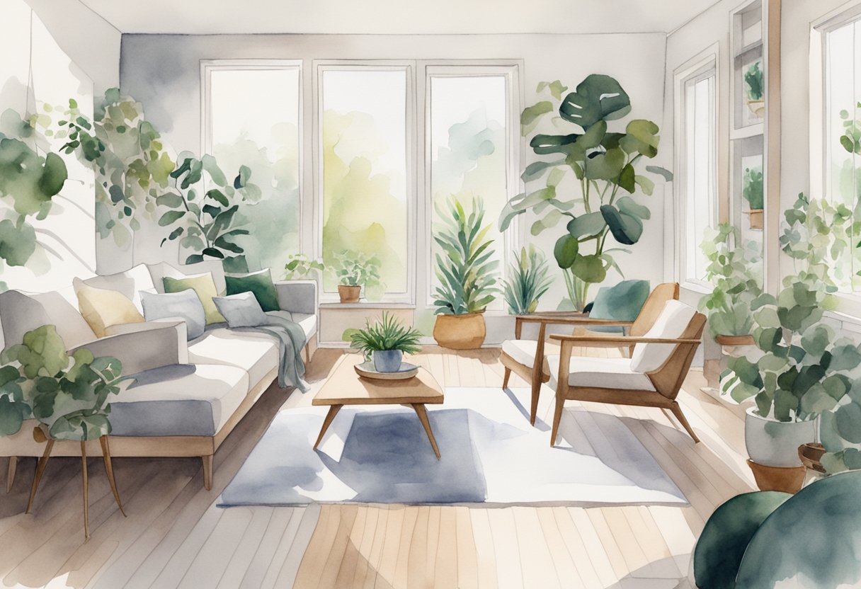 A serene and minimalist living space with natural light, plants, and cozy, high-quality furnishings
