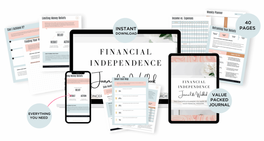 A promotional image for a digital journal titled Financial Independence displayed on various devices, surrounded by sample pages, checklists, and planners; includes text bubbles highlighting features like Instant Download and 40 Pages.