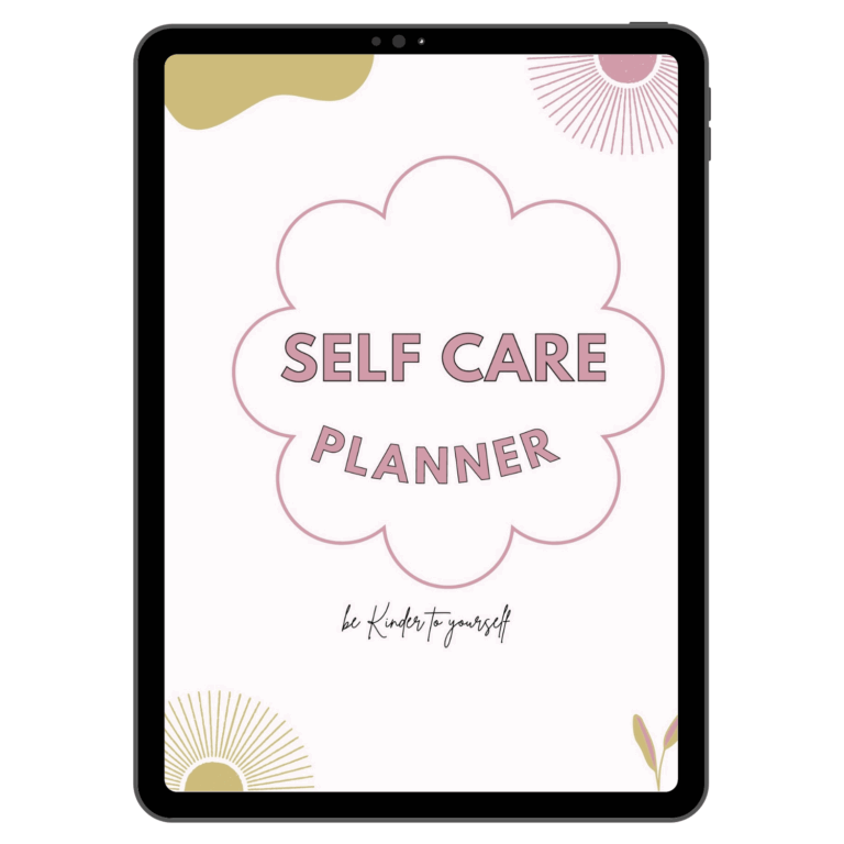 An iPad displays a pastel-colored cover with the title Self Care Planner in a pink outlined flower shape, decorative abstract shapes, and the phrase be kinder to yourself at the bottom.