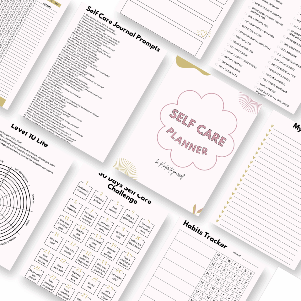 A collection of self-care planner pages, including journal prompts, a 30-day self-care challenge, a habits tracker, a circular life level assessment, and various lists, all arranged in a neat, flat lay style.