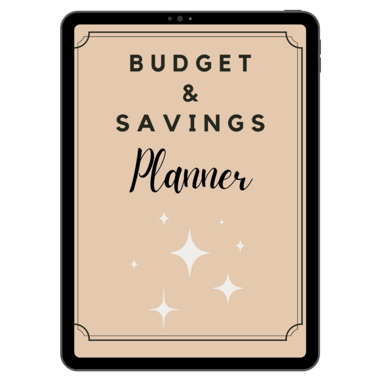A tablet screen displays a beige cover titled Budget & Savings Planner in bold and script fonts, decorated with simple star graphics and a black border with corner accents.