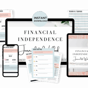 A promo image features The Financial Independence Journal and Workbook on tablets, phones, and printed pages, highlighting 40 pages of instant download planning sheets and tools for budgeting, beliefs, and goal-setting.