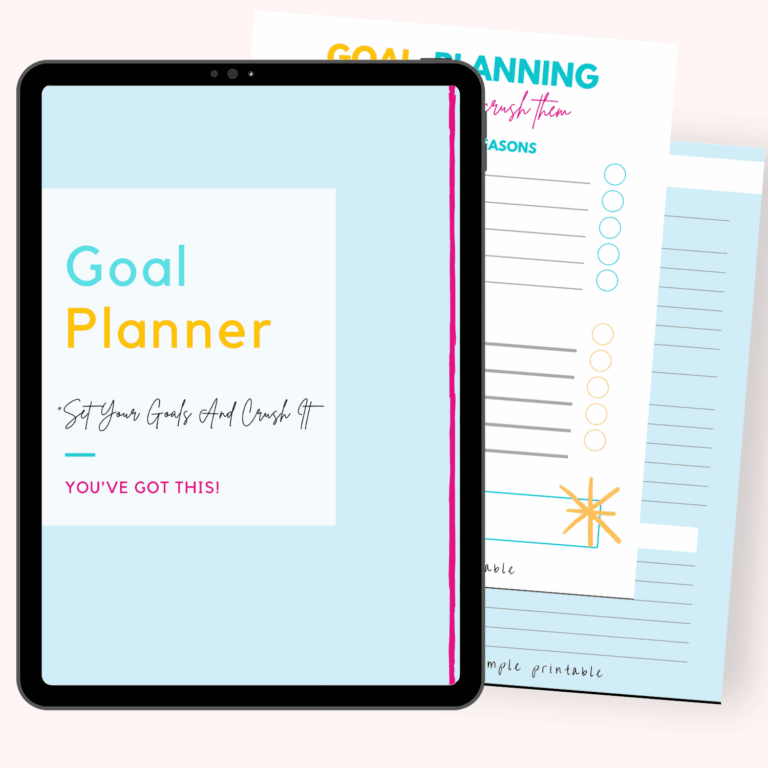 An iPad shows The Goal Planners digital cover next to two printed worksheets featuring colorful sections for goals, reasons, and tasks. The vibrant layout is designed to be motivational and organized.