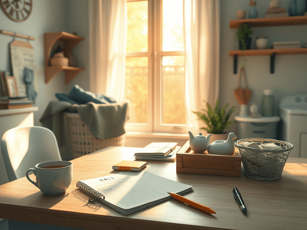 A cozy home office with sunlight streaming through a window onto a desk. The desk holds a notebook, pen, pencils, a coffee cup, decorative ceramic birds, and a wire basket. Shelves and a laundry basket are in the background.