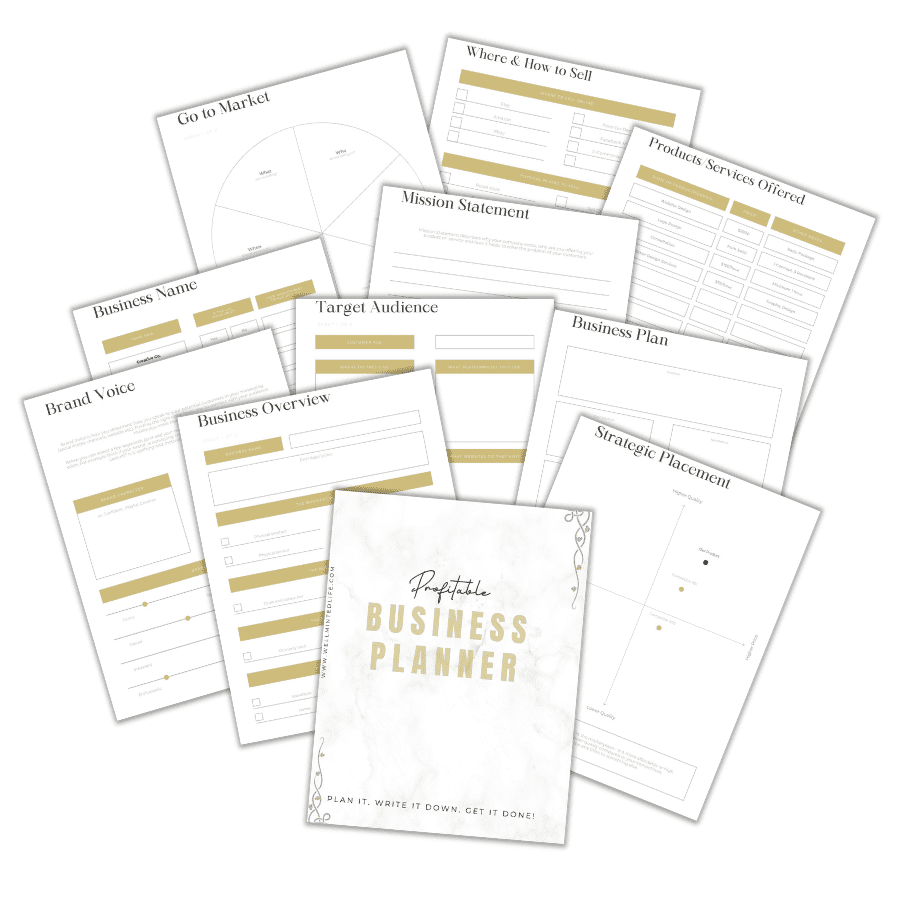 The Start a Profitable Business Planner is a printable set of worksheets for business overview, mission statement, brand voice, target audience, products/services, go-to-market strategy, and more. Cover text: Profitable Business Planner.