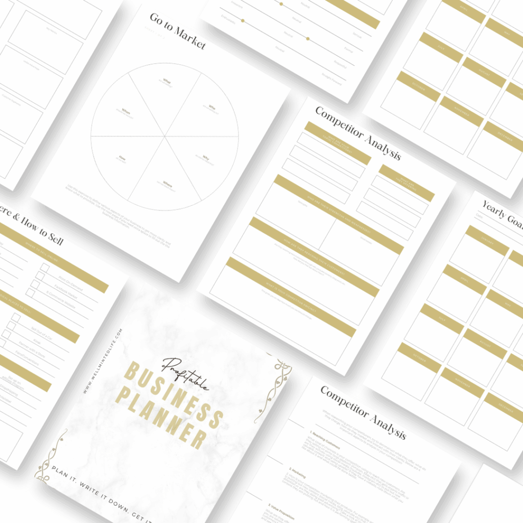 Flat lay of multiple business planning worksheets, including sections for competitor analysis, yearly goals, go-to-market strategy, pricing, and sales, with a marble-patterned planner cover labeled “Profitable Business Planner.”.