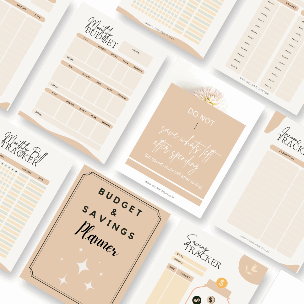 A flat lay of budget and savings planner printables in neutral beige tones, featuring monthly budget sheets, bill and savings trackers, and a motivational quote, all with elegant, minimalist designs.