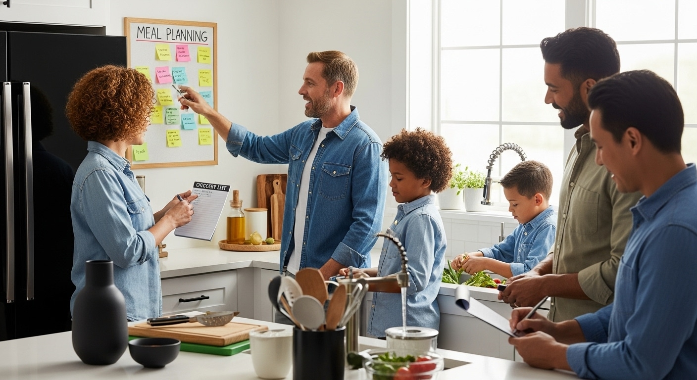 family meal planning, kitchen teamwork, meal prep