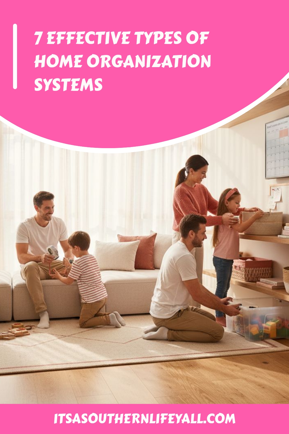 A family of four organizes a living room together, sorting items into baskets. The space is tidy and well-lit, with shelves and storage baskets. Text reads, 7 Effective Types of Home Organization Systems.