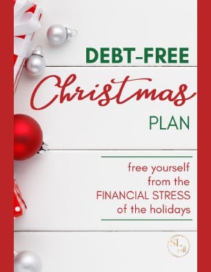 A festive image with holiday ornaments and gift wrap on a white wooden background, featuring text: “Debt-Free Christmas Plan—free yourself from the financial stress of the holidays.”.