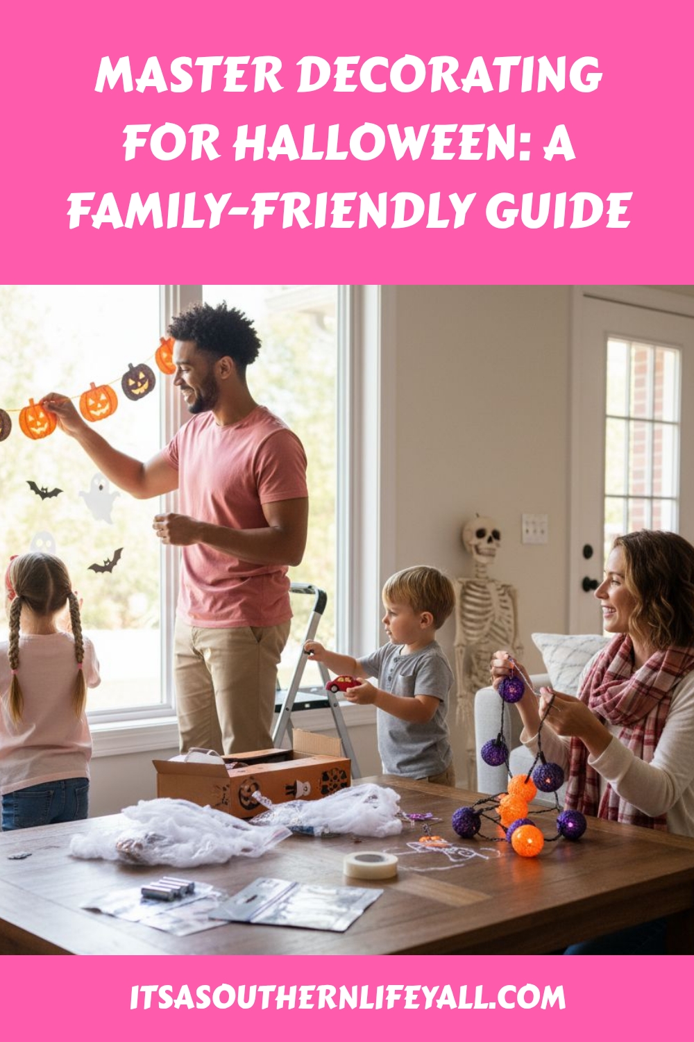 A family decorates their living room for Halloween with pumpkin garlands and ornaments. Two adults and two children smile and work together, surrounded by festive decorations. Text above reads, “Master Decorating for Halloween: A Family-Friendly Guide.”.