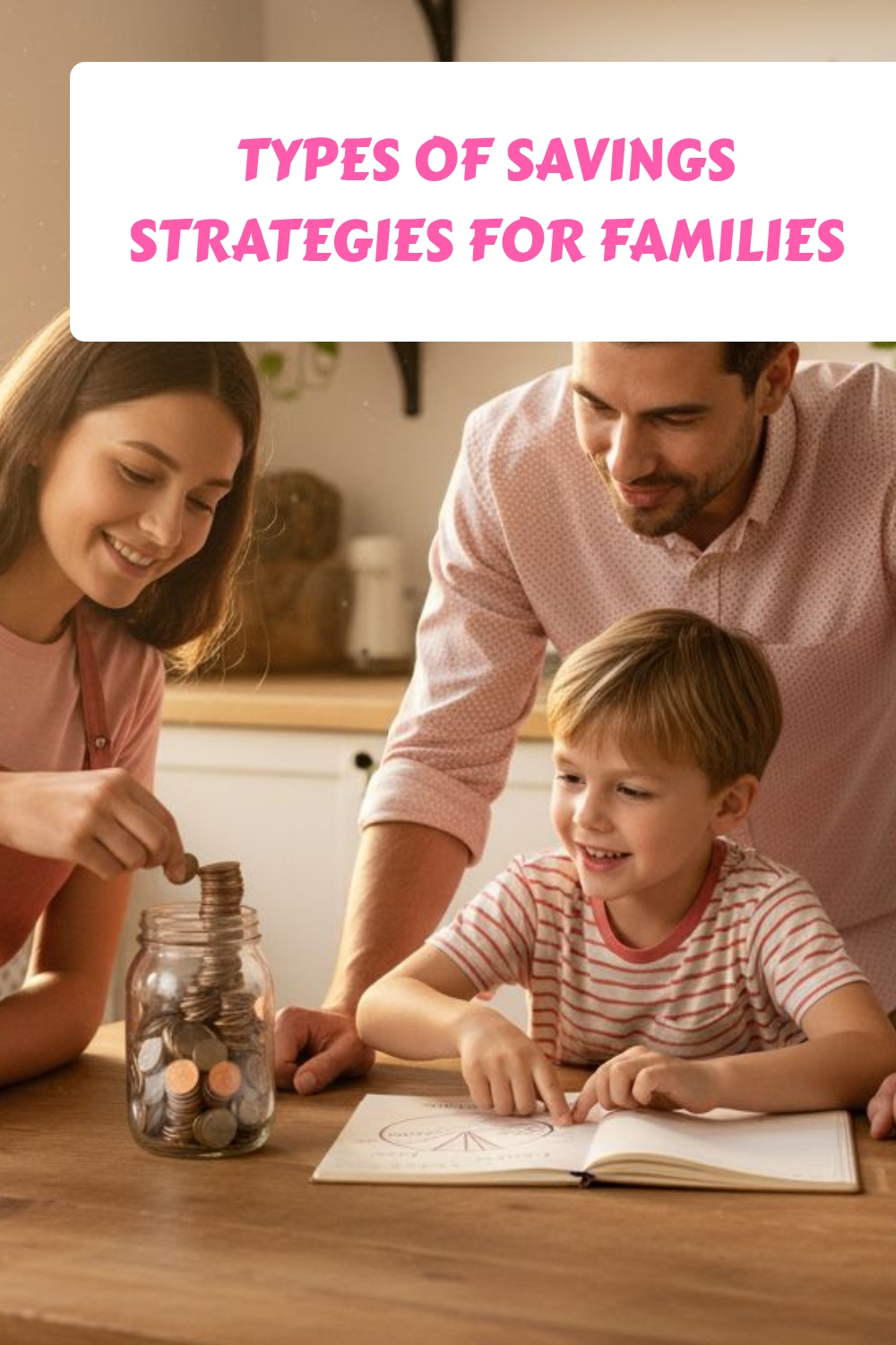 A smiling family—two adults and a young boy—sit at a table. The woman puts coins into a glass jar, while the boy draws in a notebook. The text above reads Types of Savings Strategies for Families.