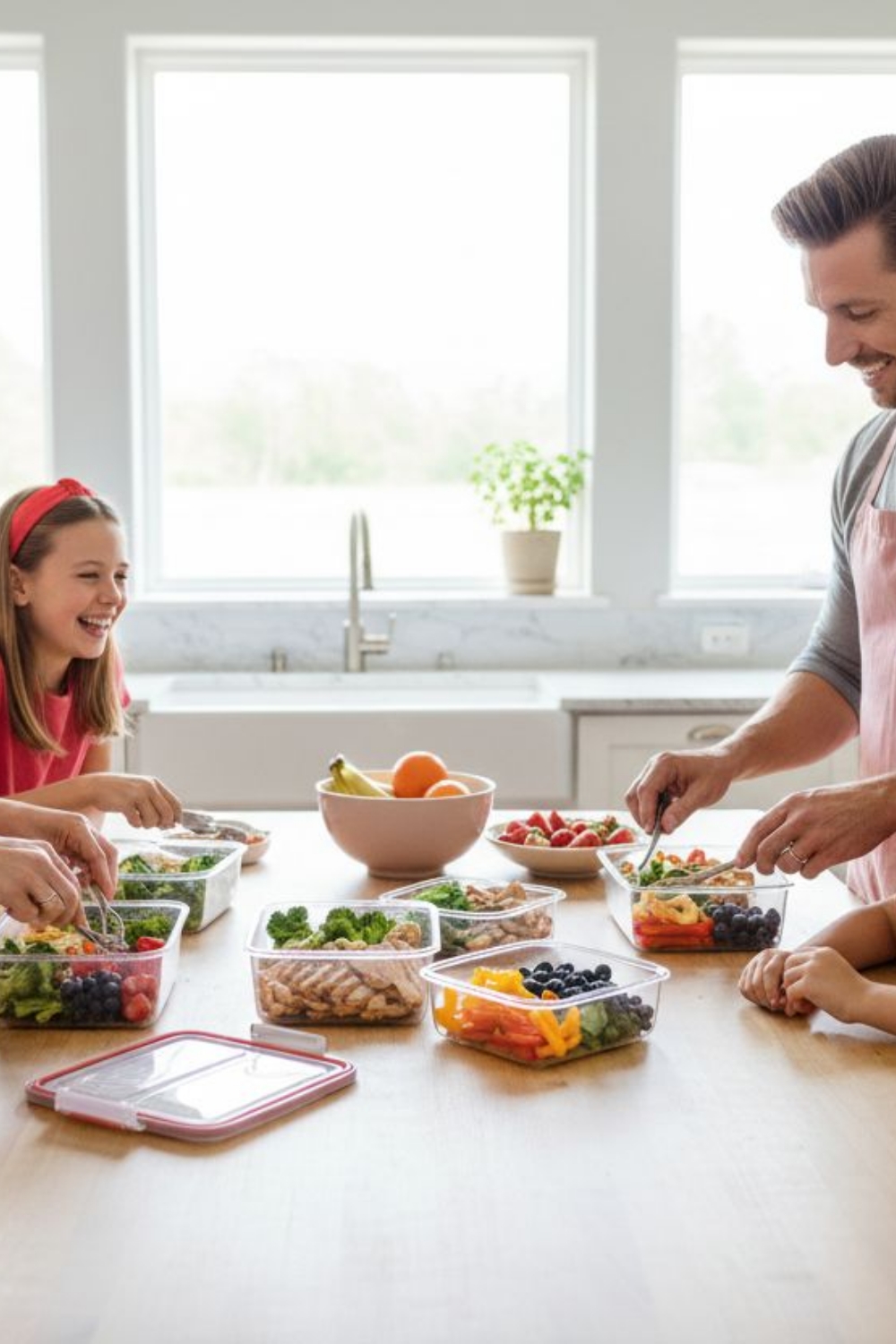 A man and two children prepare healthy meals with fruits and vegetables in a bright kitchen, packing the food into containers on a wooden countertop. They are smiling and enjoying the activity together.