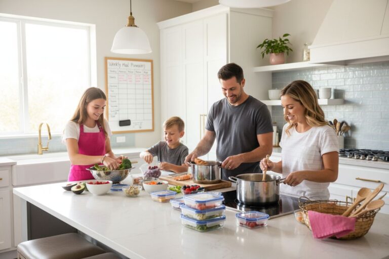 family meal prepping kitchen