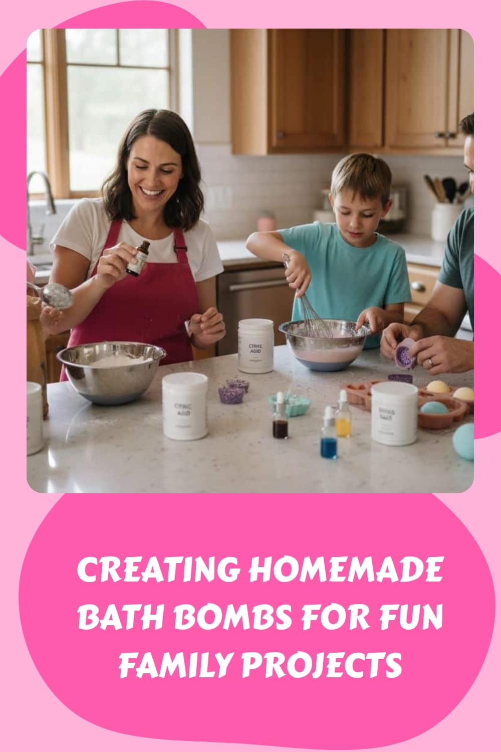 A smiling woman and a boy mix ingredients in bowls, making colorful homemade bath bombs together in a kitchen, with the text: Creating Homemade Bath Bombs For Fun Family Projects.