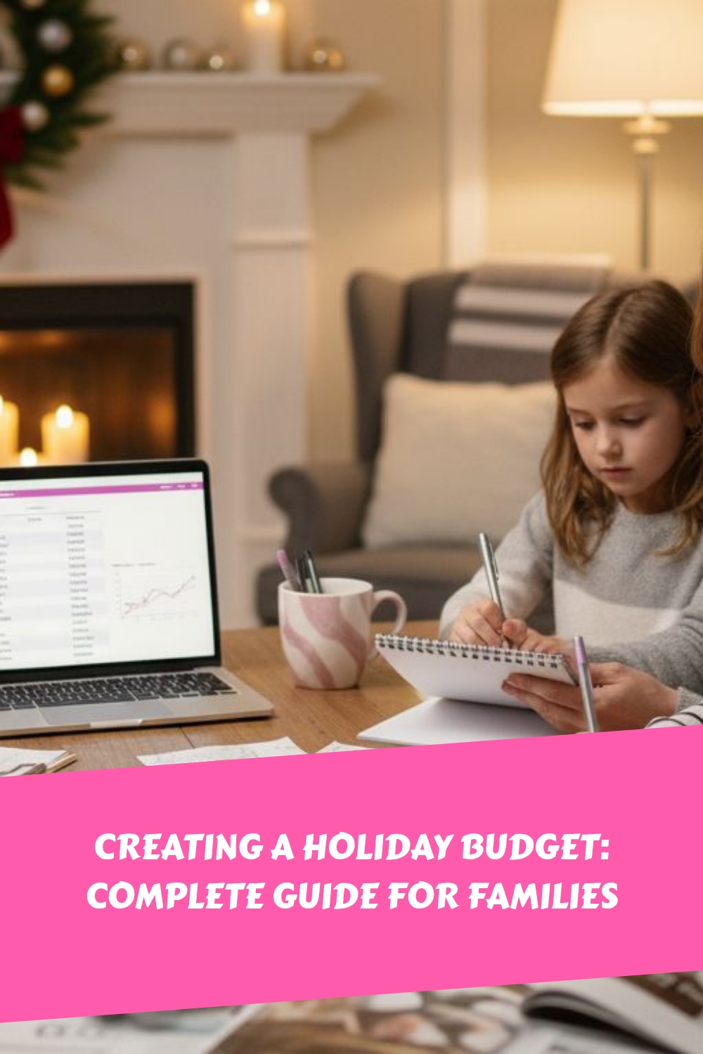 A young girl sits at a table with a notebook, writing, while an adult uses a laptop. Holiday decorations and a fireplace are in the background. Text overlay reads: “Creating a Holiday Budget: Complete Guide for Families.”.