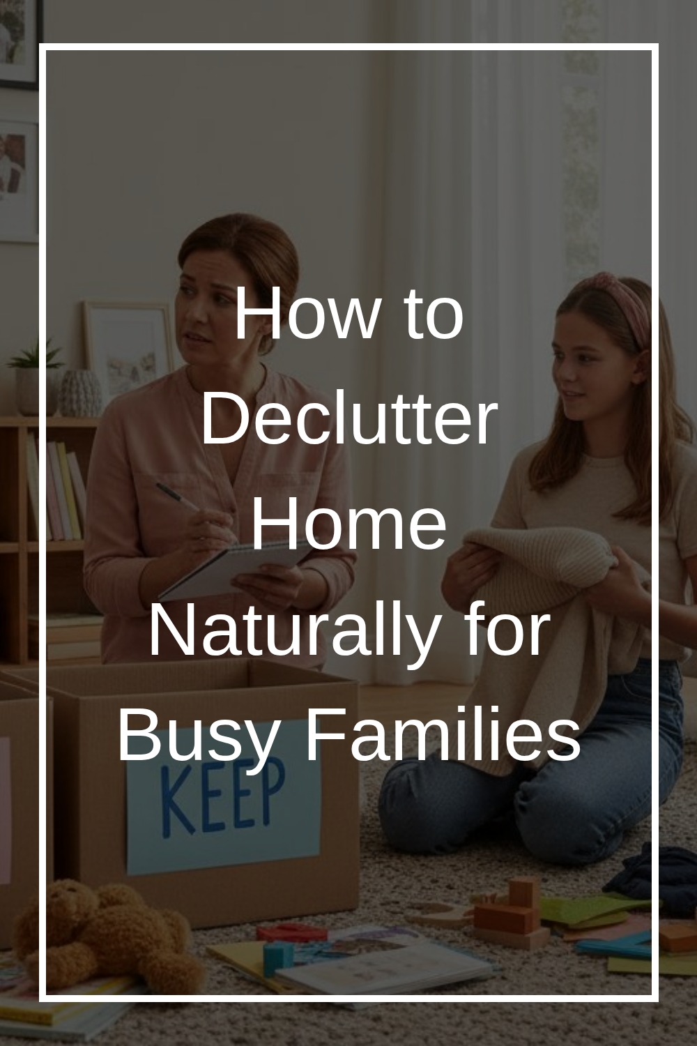 A woman and a girl sort items in a living room, placing things in a box labeled Keep. Text over the image reads, How to Declutter Home Naturally for Busy Families.