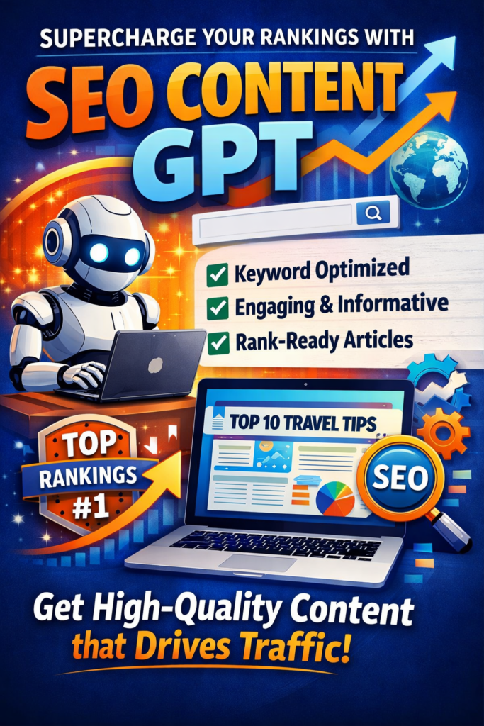 A robot works on a laptop beside a laptop displaying “Top 10 Travel Tips.” Text highlights SEO Content GPT, top rankings, keyword optimization, engaging articles, and high-quality content that drives traffic.
