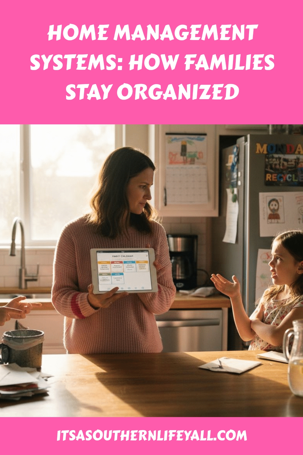 A woman shows a tablet with a home management chart to two children in a kitchen. The text above reads, Home Management Systems: How Families Stay Organized. The bottom text is itsasouthernlifeyall.com.