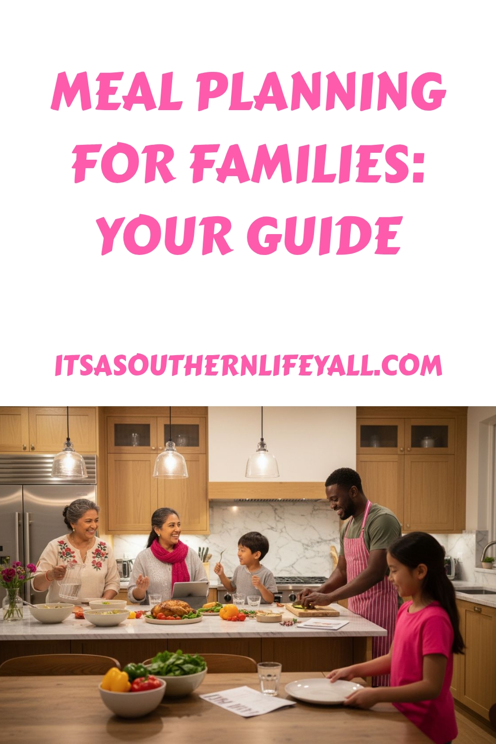 A smiling family of four prepares a meal together in a modern kitchen, surrounded by fresh vegetables. Text above reads, Meal Planning for Families: Your Guide and itsasouthernlifeyall.com.