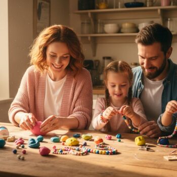 Family crafting clay bead bracelets together
