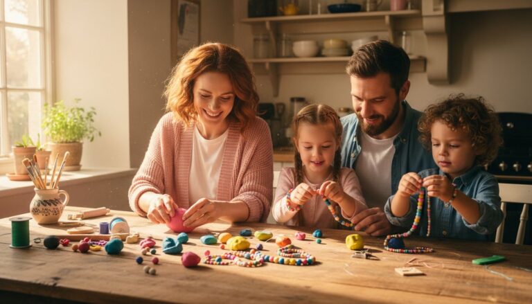 Family crafting clay bead bracelets together