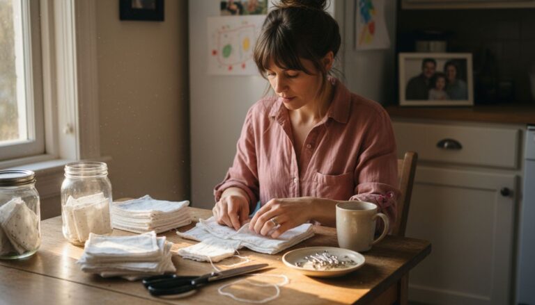 Woman sorting reusable makeup wipe materials