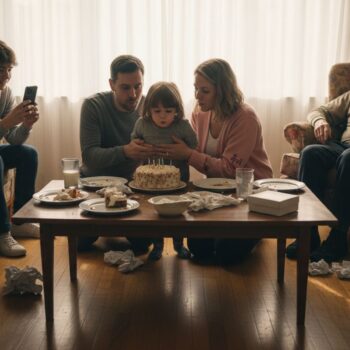 Family celebrating together in lived-in living room
