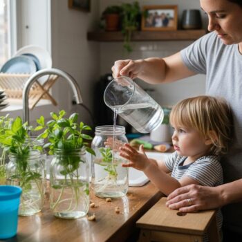 Parent and child growing herbs in kitchen jars