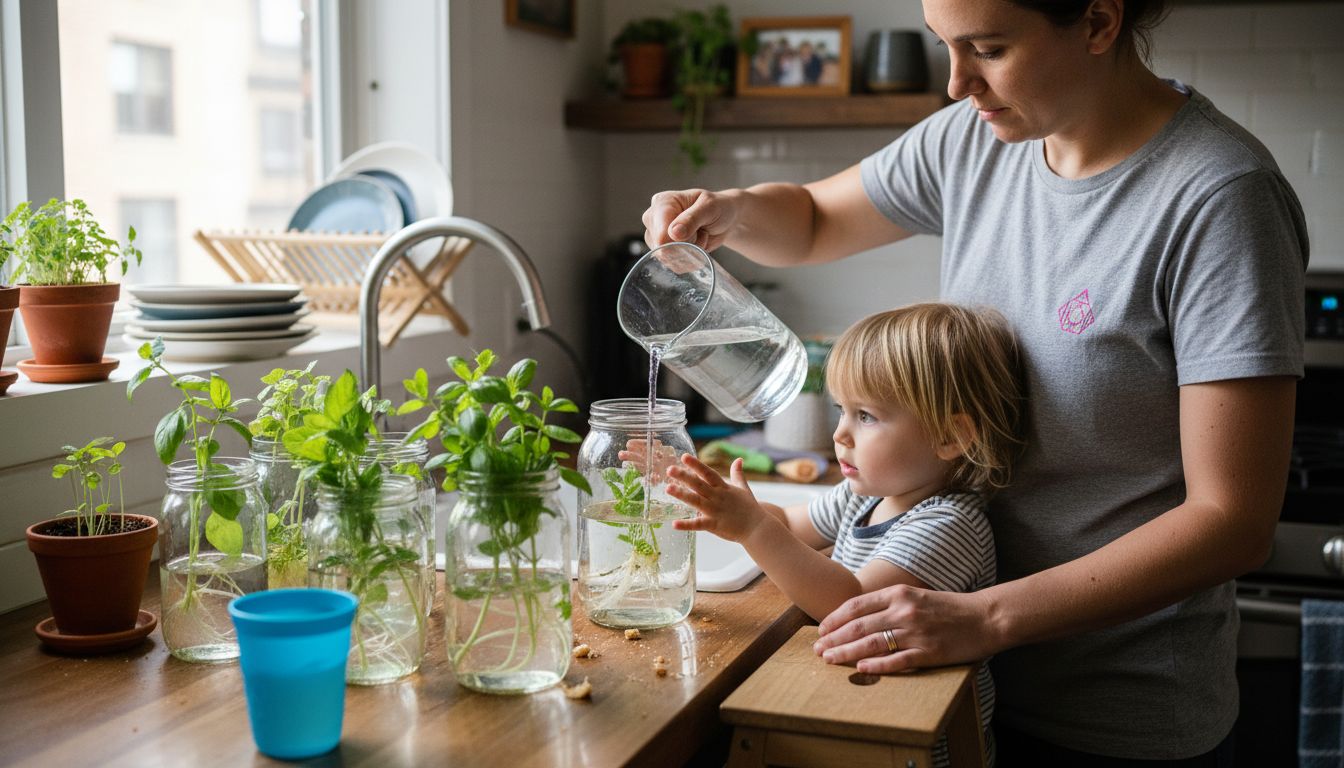 Parent and child growing herbs in kitchen jars