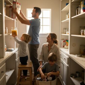 Family working together to organize pantry