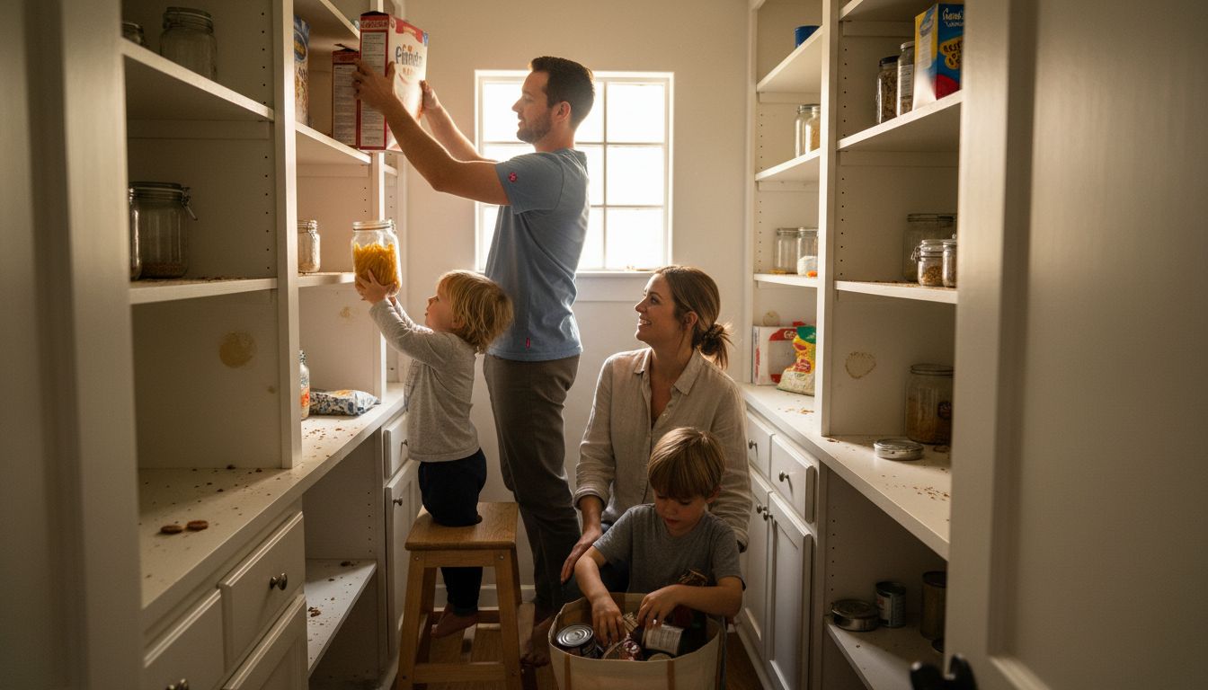 Family working together to organize pantry
