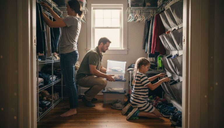 Family organizing closet with shelves and bins