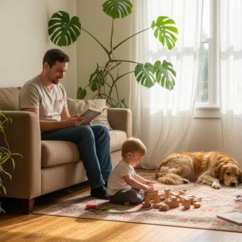 Family relaxing in living room with indoor plants