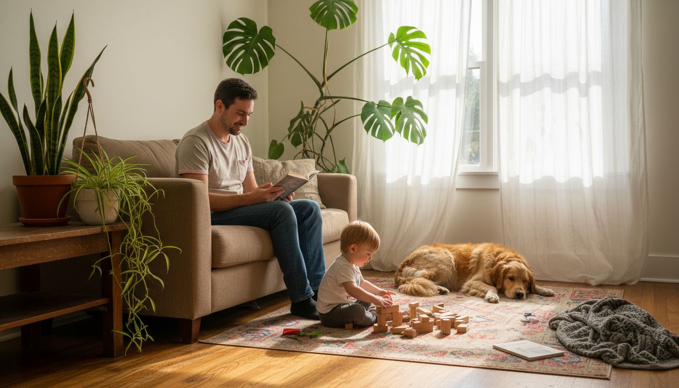 Family relaxing in living room with indoor plants