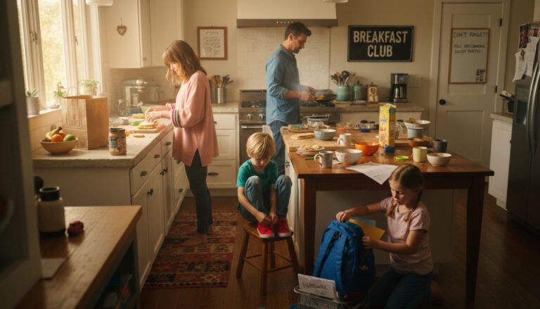 Family completing time-blocked morning routine in kitchen