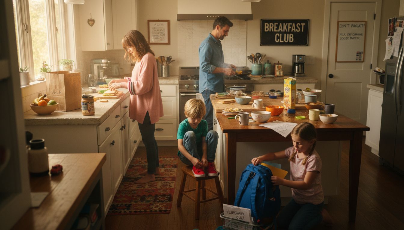 Family completing time-blocked morning routine in kitchen