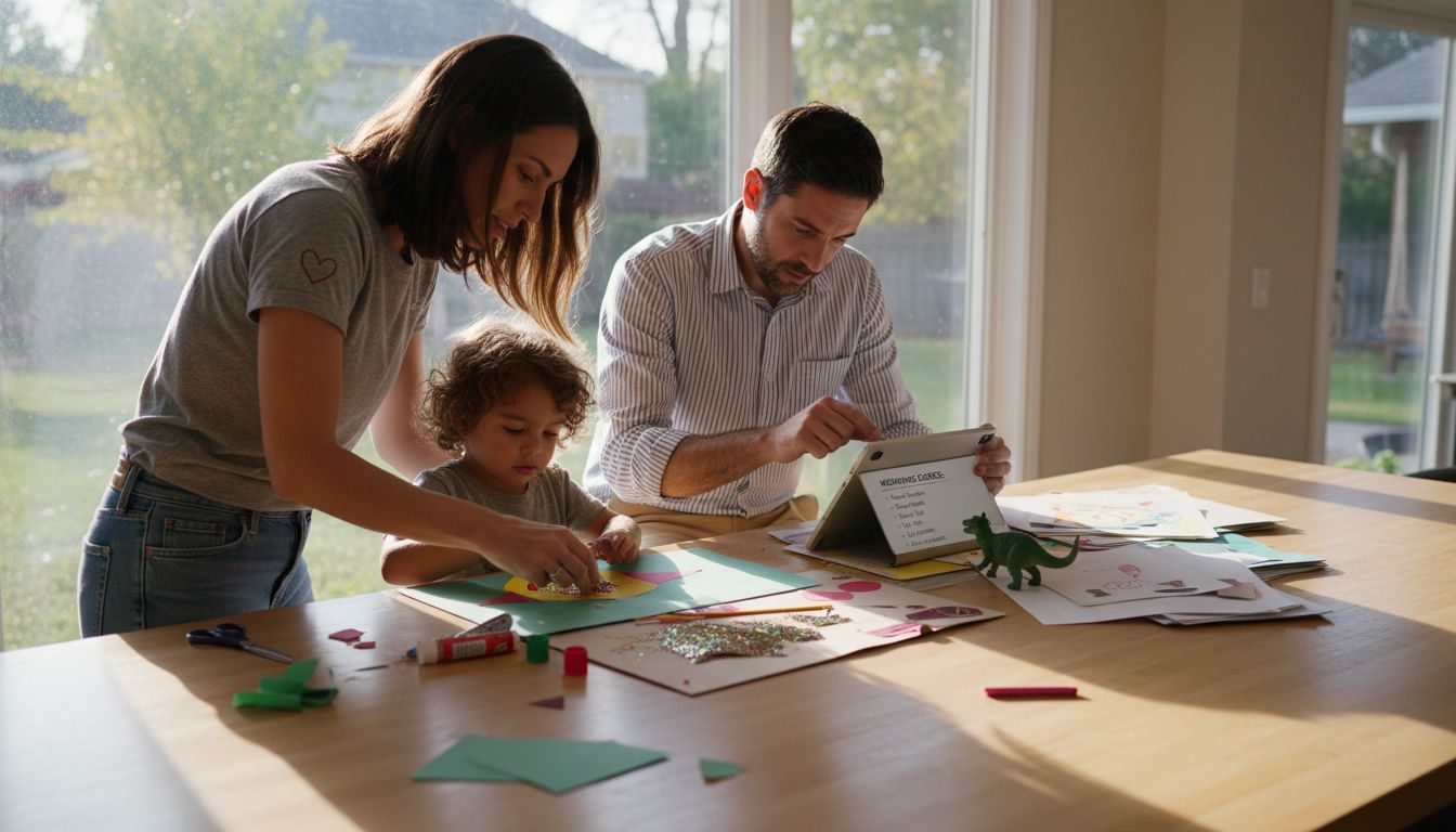 Parents multitasking with kids and household tasks