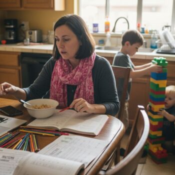 Busy family multitasking work and home life