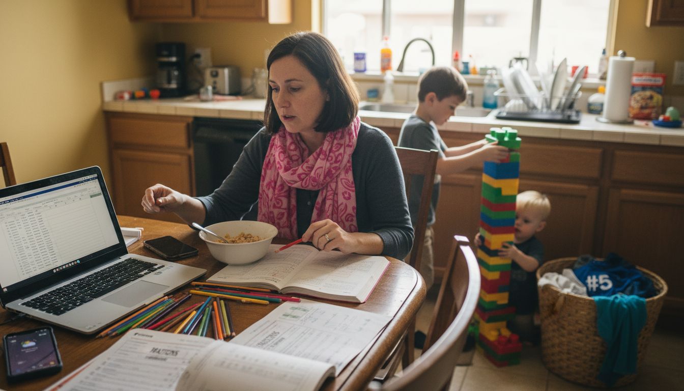 Busy family multitasking work and home life