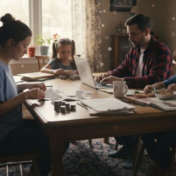 Family budgeting together at kitchen table