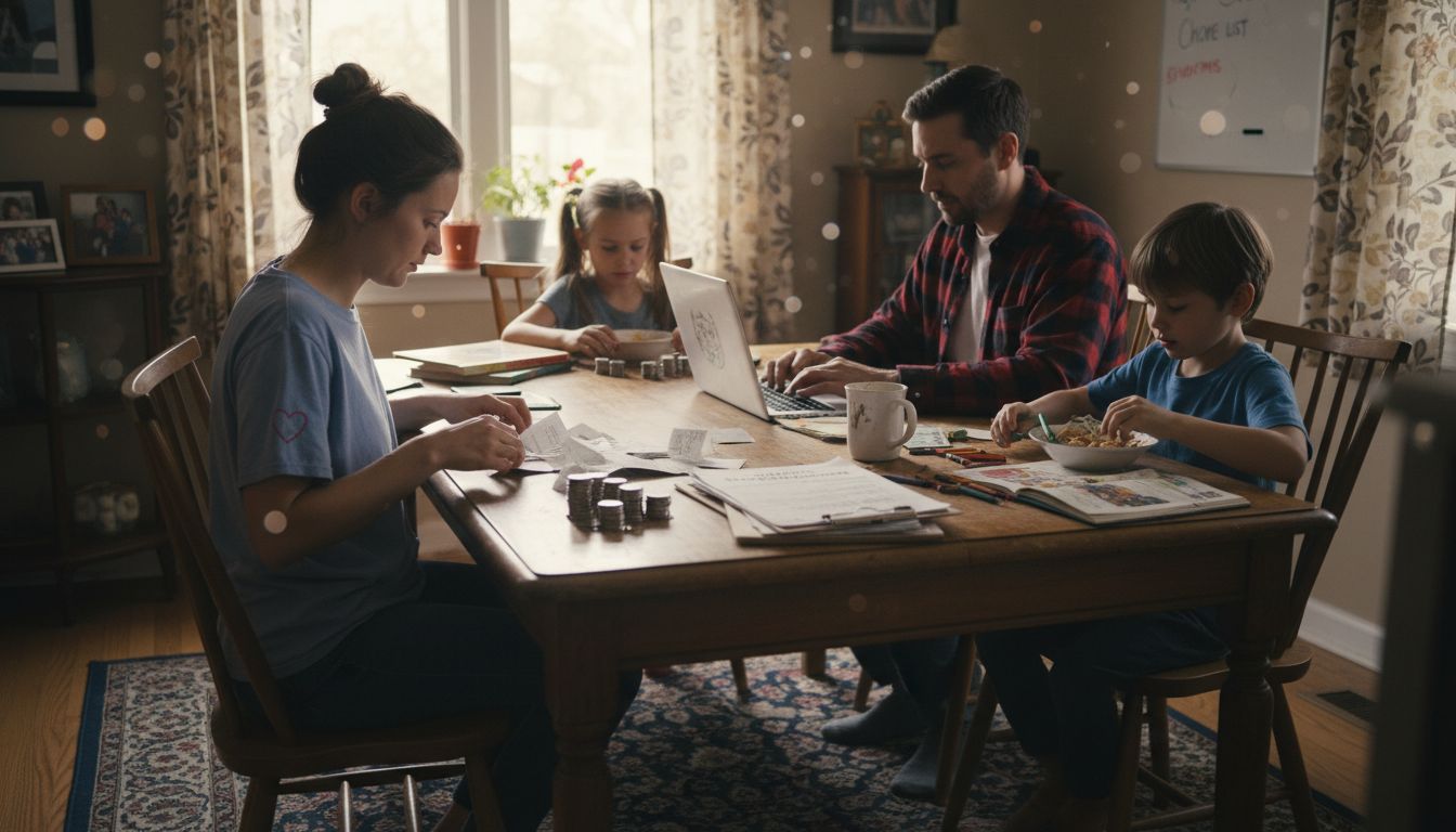 Family budgeting together at kitchen table