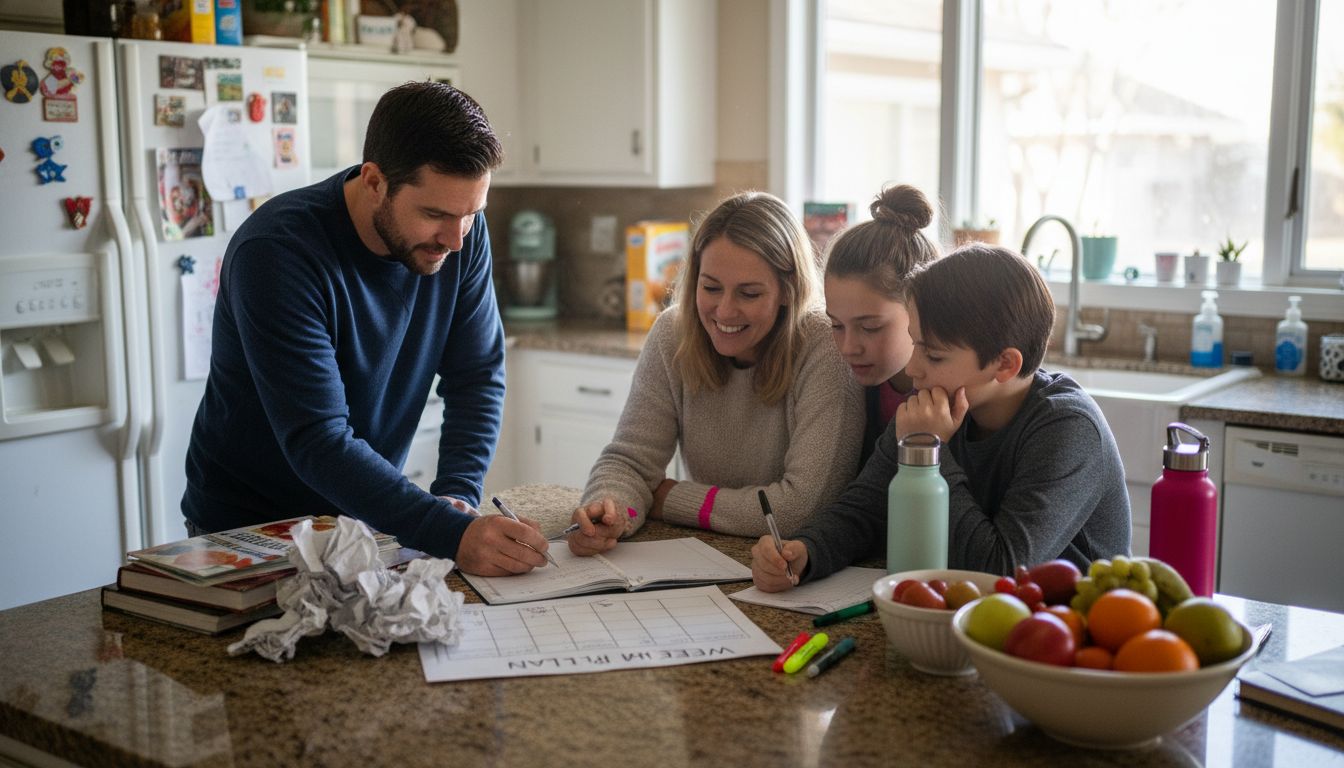 Family working on meal planning at kitchen table