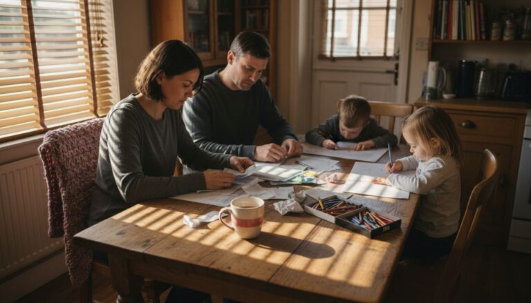 Family sorting finances at kitchen table