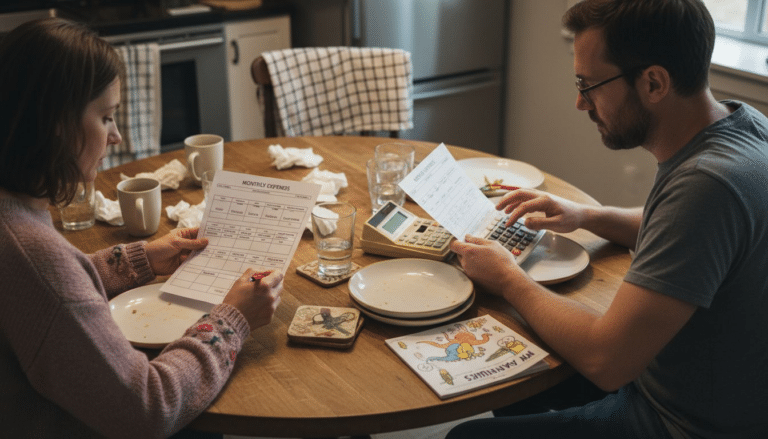 Couple organizing finances at kitchen table