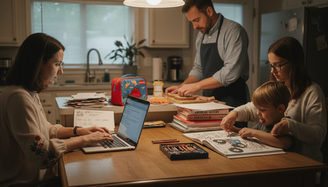 Family multitasking around evening kitchen table