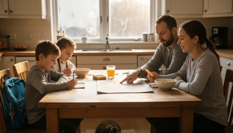 Family discussing weekly schedule at kitchen table