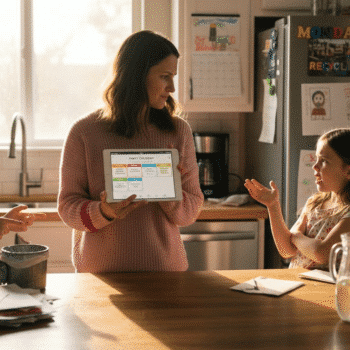 Family reviewing calendar in busy kitchen