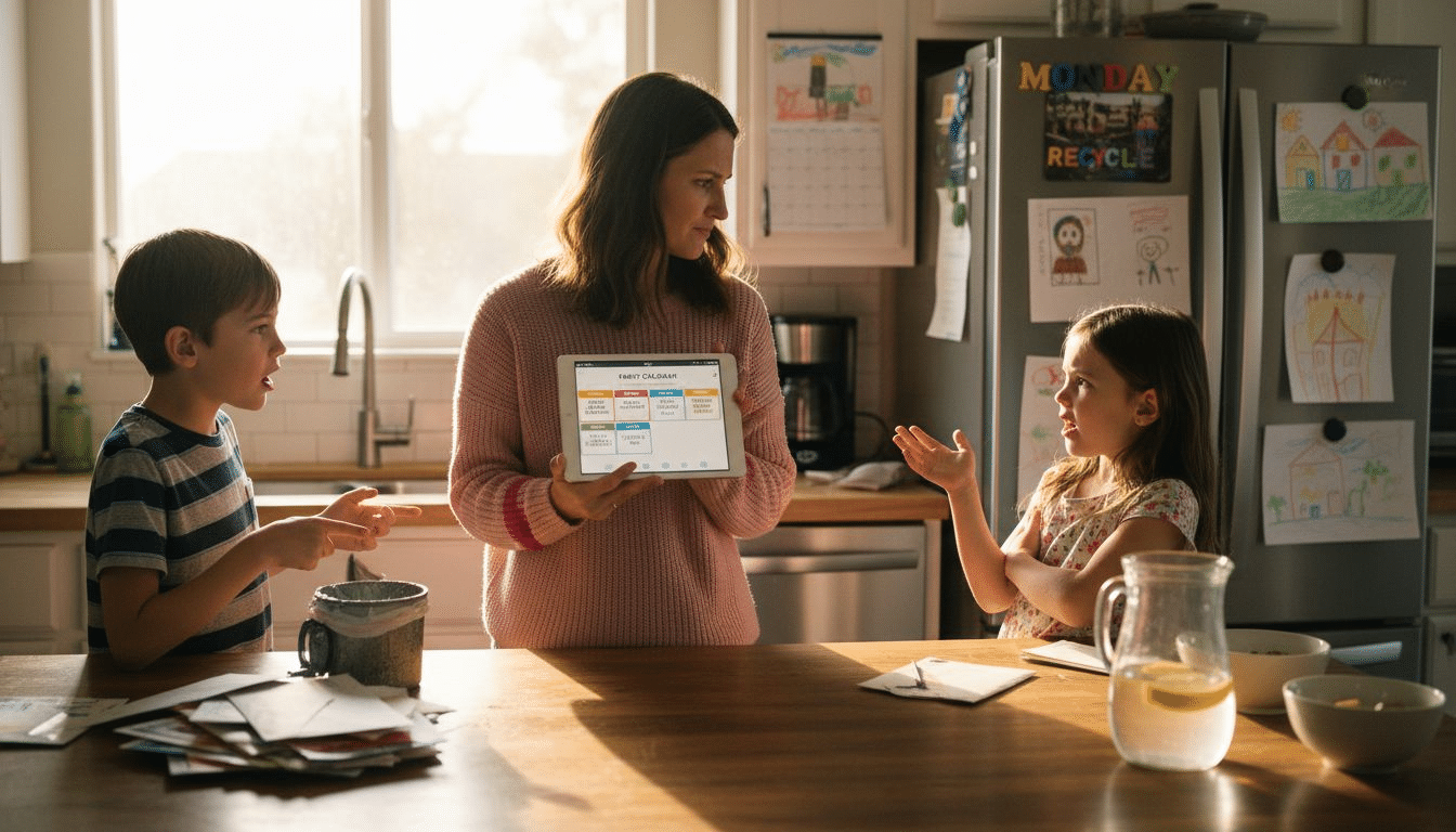 Family reviewing calendar in busy kitchen