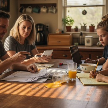 Family reviewing finances at kitchen table